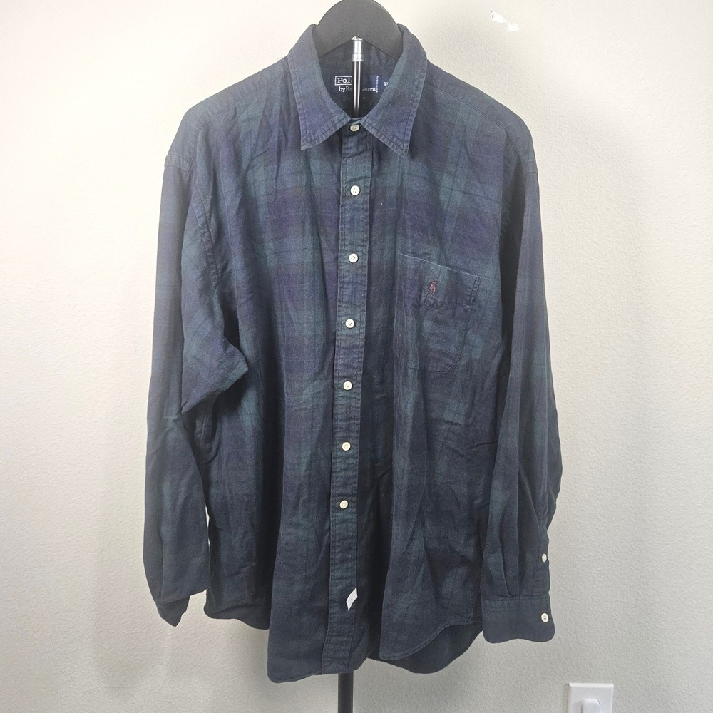 Polo Ralph Lauren Button Down Men XL Navy Green Black Watch Plaid Flannel Preppy